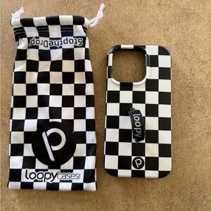 iPhone 15 pro Loopy Case Black & White Checkerboard Phone Case with Loopy Grip